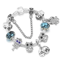 Silver bead bracelet with blue owl charms and emotional heart-shaped pendants - Silver Owl Quotes Style (Model 006)