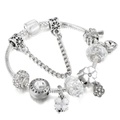 Romantic cat eye stone bracelet with flower charms and Love Is Forever engraving - 16cm / Silver Clover LOVE Style (002)