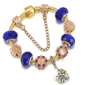 Bracciale classico con perline di vetro blu, ciondolo albero della vita dorato e catena - Girasole Blu Profondo Albero della Vita (006)