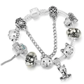 Bracciale con ciondoli gatto stile cartone animato in argento antico e perline di vetro - Tema Gatto Floreale Bianco E Nero (Stile 009)