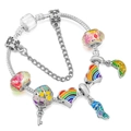 Silver snake chain bracelet featuring rainbow woodpecker and floral glass bead charms - 16cm / Pink Floral Glass Bead Style (001)