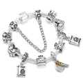 Silbernes Charm-Armband mit Engelsflügel-Herz und Geburtstagskuchen-Anhängern - Geburtstagsengel-Stil (015)