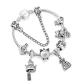 Silver snake chain bracelet with lucky cat, pig, and money bag charms on white background - 16cm / Lucky Money Bag Fortune Cat Style (Style 003)