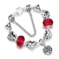 Macro detail of silver snake chain bracelet with red beads and Mom heart charm - 16cm / Red Bead Style (004) / Red