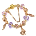 Bracciale a serpente dorato con perline di vetro rosa e ciondolo albero della vita - Albero della Vita con Piume Oro Rosa (010)