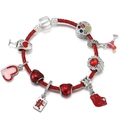 Red braided leather charm bracelet with silver heart, wine glass, and flower pendants - Red Leather Lip Sunflower Style (011)