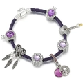 Purple leather dreamcatcher charm bracelet with silver feathers and purple beads - Purple Leather Dreamcatcher Style (012)