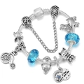Bracciale con charm in argento con perle blu, ciondoli bici, volpe e pinguino su catena - Bicicletta Animale Blu Cielo (Stile 014)