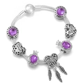 Silver snake chain bracelet with purple crystal charms and bee happy heart pendants - Purple / 20cm