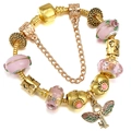 Classic gold charm bracelet with pink glass beads, rose patterns, and a key wing pendant - 16cm / Gold and Pink Heart Angel Wing Key Style (001)