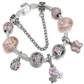 Romantic daisy charm bracelet with pink glass beads and silver snake chain design - 16cm / Silver and Pink Glass Butterfly Flower Style (004)
