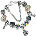Silver beaded bracelet featuring green glass charms and colorful enamel leaf pendants - Silver Fresh Green Leaf Flower Style (005)