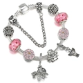 Pink sakura glass beads and bee pendant charm bracelet in polished sterling silver - Silver Pink Cherry Blossom Bee Bird Style (007)