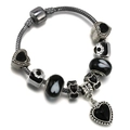 Pandora style DIY charm bracelet with black glass beads and silver heart pendants - 16cm / Black Heart Glass Bead Style (001)