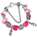 Pandora style snake chain bracelet with pink glass beads and ribbon heart charms - Silver Pink Charity Ribbon Tree of Life Style (011)