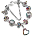 Silver beaded bracelet featuring Christmas tree charms and a rainbow crystal heart pendant - Silver Christmas Tree Rainbow Heart Pave Style (012)