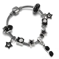 Classic silver snake chain bracelet with black glass beads and sunglasses pendant charm - Silver Black Moon Camera Style (005)