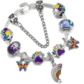 Pandora style silver charm bracelet with colorful enamel butterfly and rainbow pendants - Silver Rainbow Star Butterfly Paw Print Enamel Style (013)