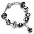 S925 silver snake chain bracelet with black enamel panda and crystal flower charms - Black White Panda Paw Style (006)