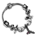 Classic black enamel camera and skull beaded snake chain bracelet with pistol charm - Vintage Skull Pistol Camera Style (007)