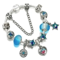 Bohemian silver charm bracelet featuring blue crystals and heart pendants on white background - Style 001 / 16cm