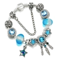 Silver snake chain bracelet with blue crystals, star charms and feather pendant - Style 003 / 16cm