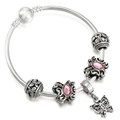 Silver charm bracelet featuring pink butterfly beads, a white pearl, and a butterfly pendant - Phantom Butterfly (Style 004) / 16cm