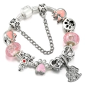 Pink charm bracelet with silver snake chain, glass beads, and cute animal pendants - Pink Glass Bead Heart Dog Style (008)