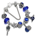 DIY charm bracelet with blue crystal beads, hot air balloon and star pendants on silver chain - Style 009