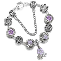 Silver alloy charm bracelet with purple enamel daisies and sparkling rhinestone beads - Silver Purple and White Pave Floral Style (016)