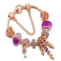 Elegant rose gold snake chain bracelet with purple glass beads and heart key charms - Rose Gold Purple Life Tree Key Style (009)