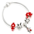 S925 silver charm bracelet with red polka dot beads and cute bunny charms - Post Office Theme (Style 005)