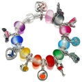 Colorful beaded charm bracelet with silver snake chain and heart pendants - Style 002 / 16cm