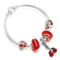 Silver charm bracelet with red glass beads, cherry pendant and a pearl clasp closure - Cherry Date Theme (Style 006)