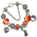 Silver snake chain bracelet with orange snail beads and green butterfly feather charms - Style 004 / 16cm