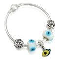 Silver bead bracelet featuring blue evil eye charms and tree of life metal beads - Evil Eye Charm (Style 007)