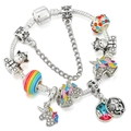 Luxury silver-plated unicorn charm bracelet with colorful enamel beads and safety chain - Unicorn Rainbow Theme (010)