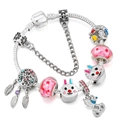 Silver snake chain bracelet with rabbit, dreamcatcher charms and pink glass beads - Pink Sakura Rabbit Theme (012)