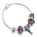 DIY silver charm bracelet with purple glass beads and a Happy Birthday heart pendant - Happy Birthday (Style 011)
