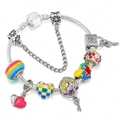 Silver snake chain charm bracelet with rainbow enamel beads and heart pendants - Puzzle Colorful Heart (009)