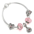 Pink heart charm bracelet for mom with silver beads and cracked glass accents - Motherly Love Mom (Style 012)