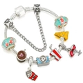 Silver snake chain bracelet featuring food and fashion charms on white background - Camera & Tea Time (014)