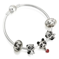 Silver panda charm bracelet featuring butterfly beads and a red heart pendant - Panda Butterfly (Style 013)