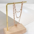 Double-layered 18k rose gold stainless steel bracelet with sparkling leaf and bead charms - Anklet (B64) / Rose Gold