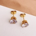 Elegant gold titanium steel studs with brilliant clear cubic zirconia in a 6-prong setting - Large Single Rhinestone Stud / Gold