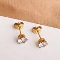 Minimalist gold titanium steel stud earrings with brilliant four-prong round zircon stones - Medium Single Rhinestone Stud / Gold