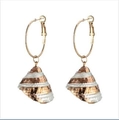 Golden hoop earrings with brown and white striped seashell pendants for beach style - Striped Conical Conch Style (Style 7)