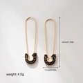 Detailed view of gold safety pin earrings with black zircons, showing 43mm height dimensions - Black Rhinestone Gold Style (20800_2)