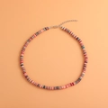 Detail of bohemian colorful heishi clay bead necklace with silver lobster clasp closure - Dark Red Multicolor