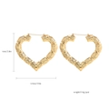 Detail view of 14K gold-plated heart hoop earrings with bamboo texture and size metrics - M